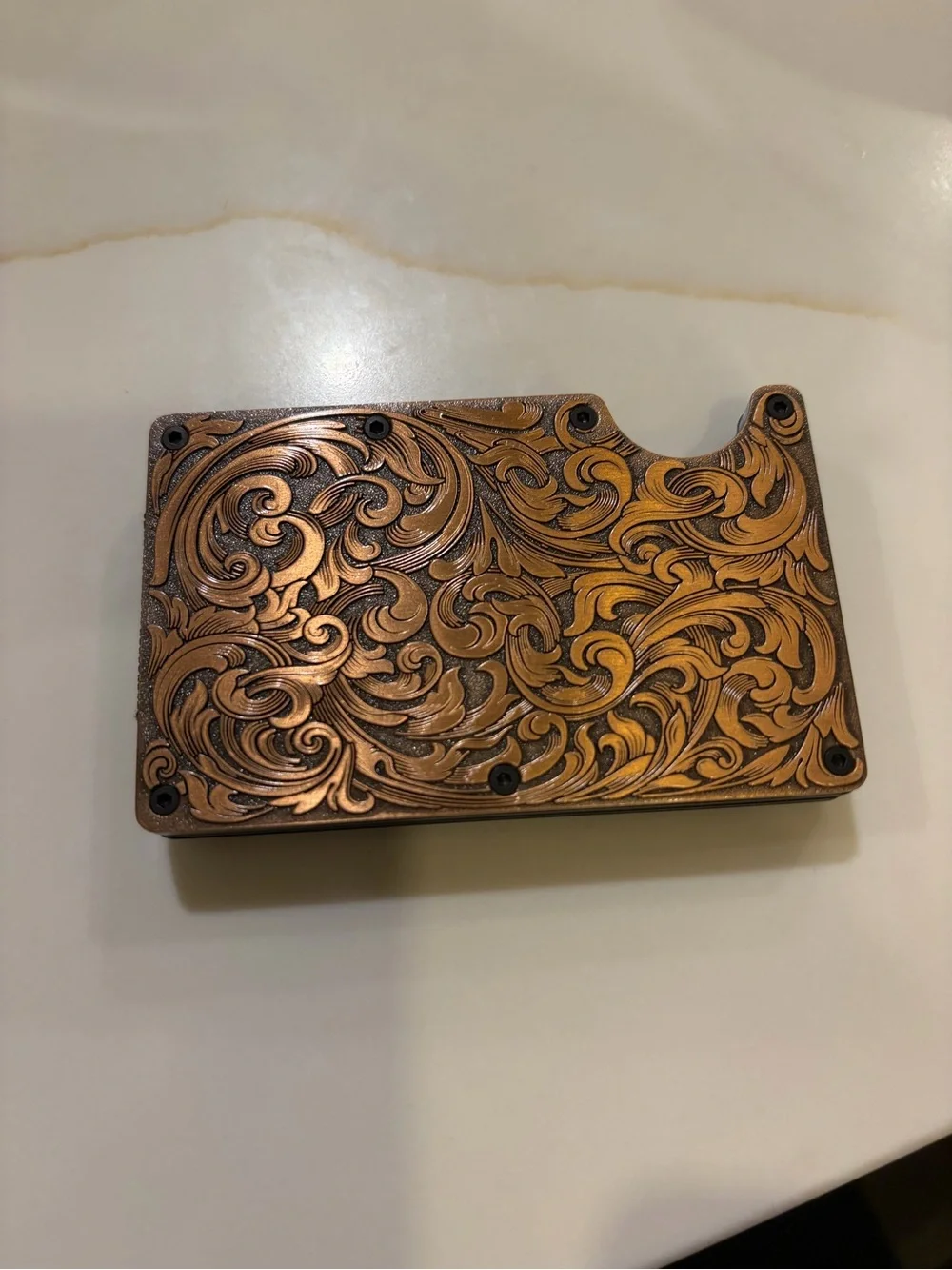Engraved Copper Money Clip Card Wallet - Elegant Floral Scroll Design